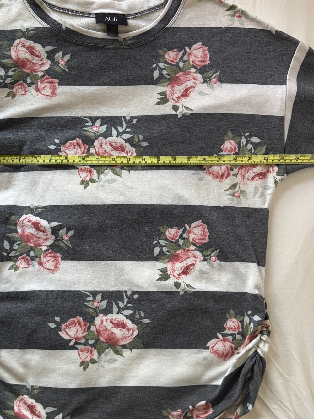 AGB Floral Striped Top XL Long Sleeve Crewneck Gray Cream Rose - Picture 6 of 6